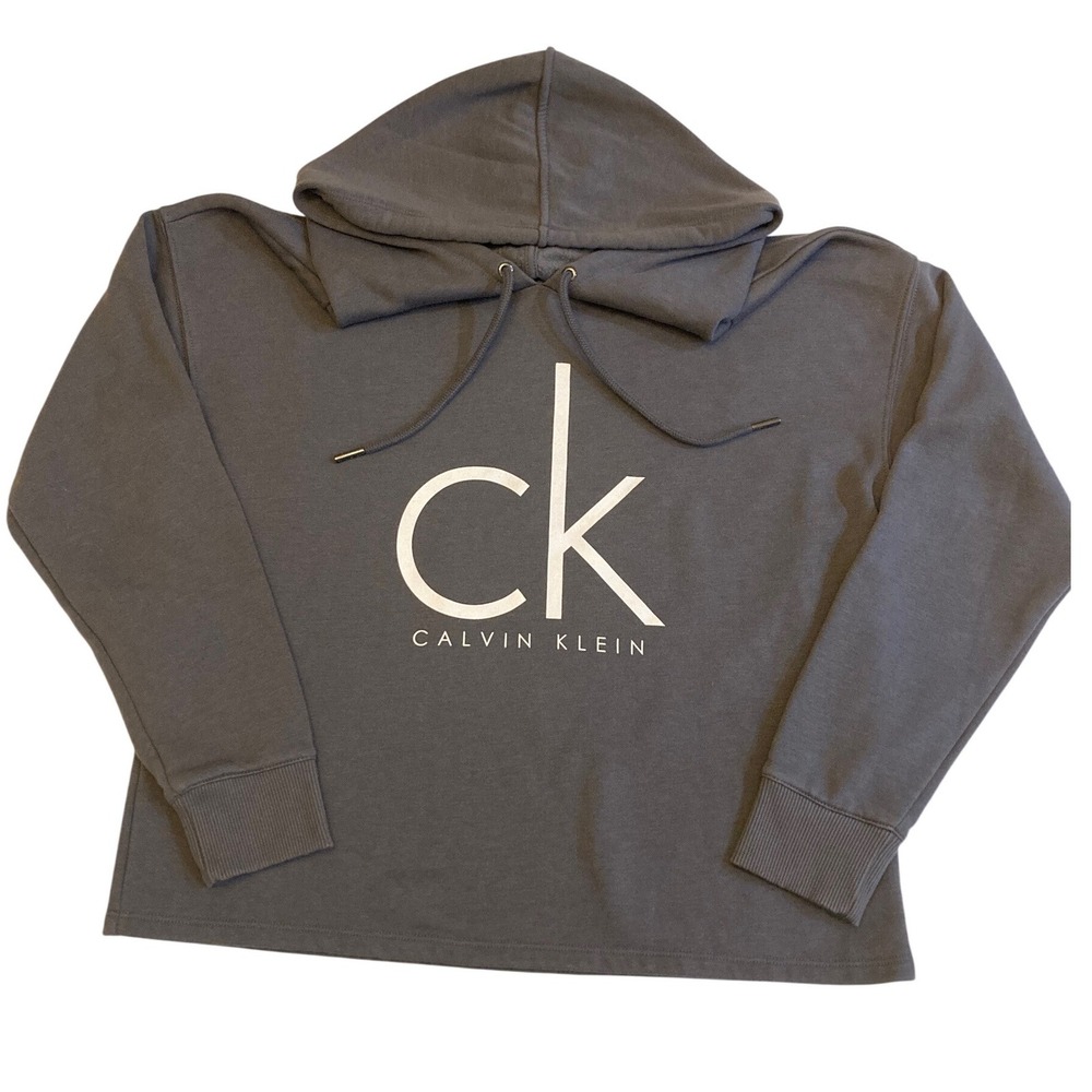 Calvin Klein Jeans Womens Medium Gray CK Logo Fleece Pullover Hoodie Sweatshirt